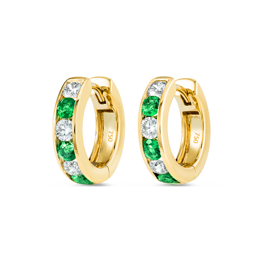 Channel Set Emerald & Lab-Grown Diamond Huggie Earrings Yellow Gold