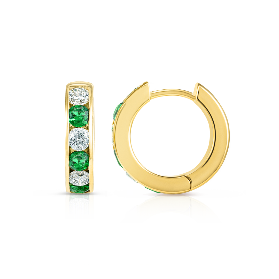 Channel Set Emerald & Lab-Grown Diamond Huggie Earrings Yellow Gold