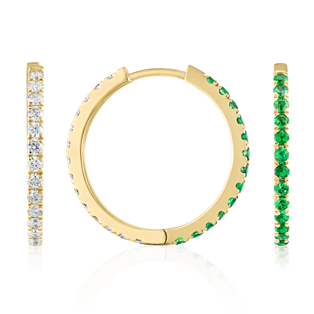 Medium Lab-Grown Diamond & Emerald Hoop Earrings Yellow Gold