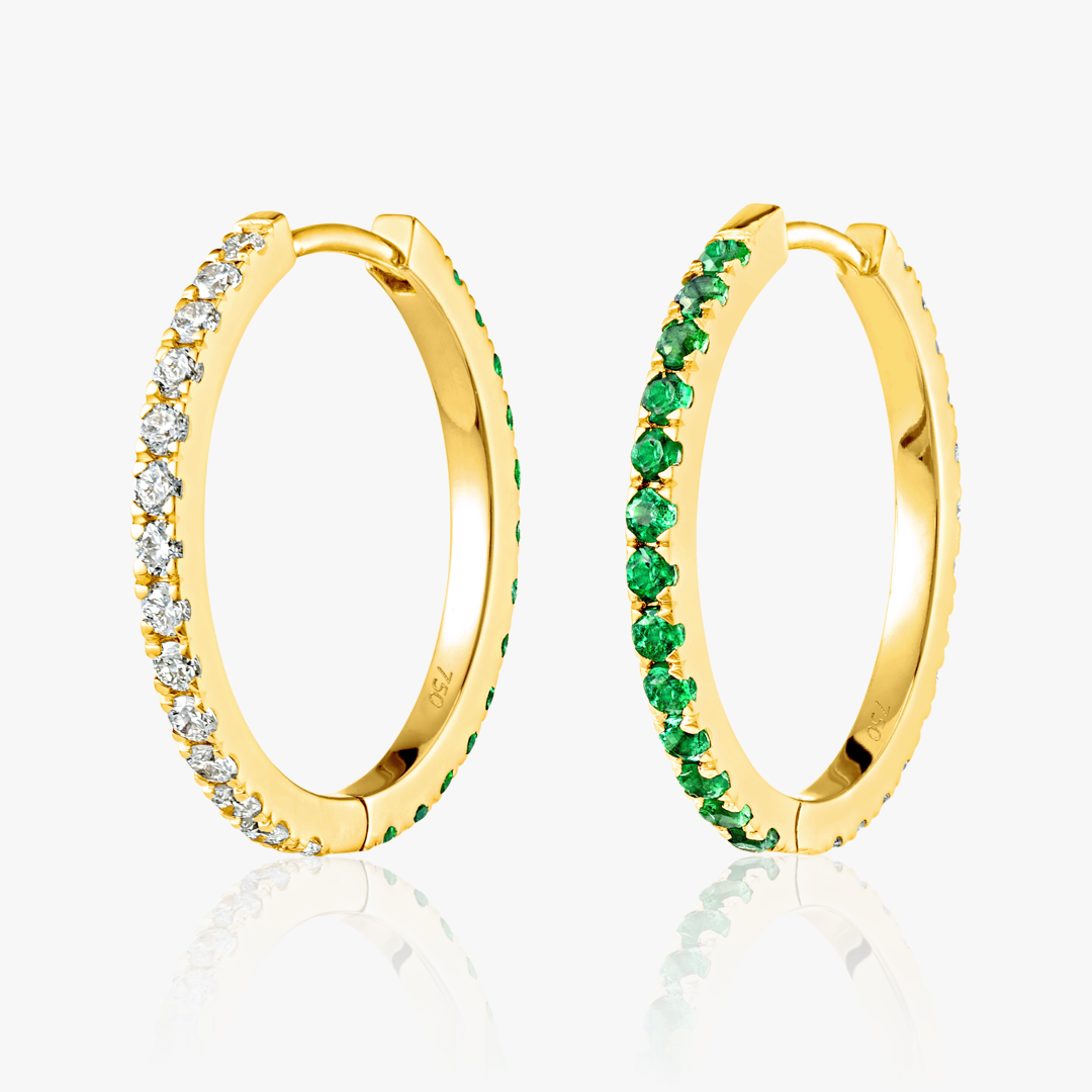 Medium Lab-Grown Diamond & Emerald Hoop Earrings Yellow Gold