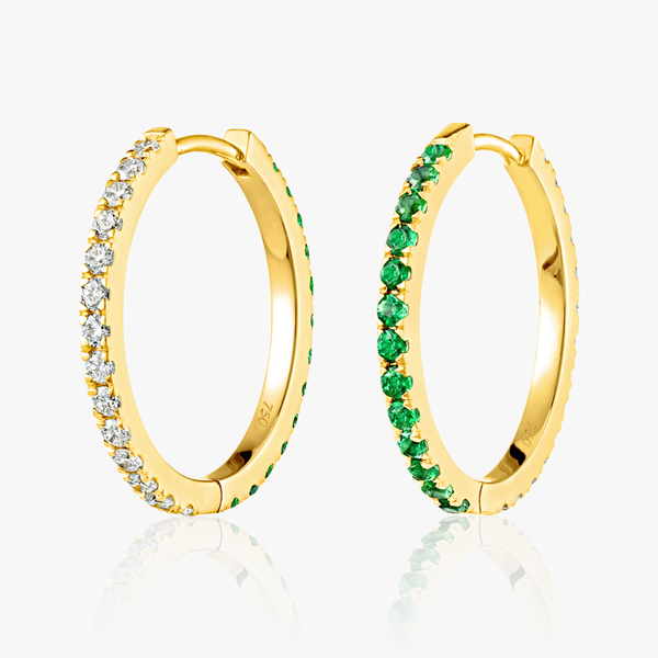 Medium Lab-Grown Diamond & Emerald Hoop Earrings Yellow Gold