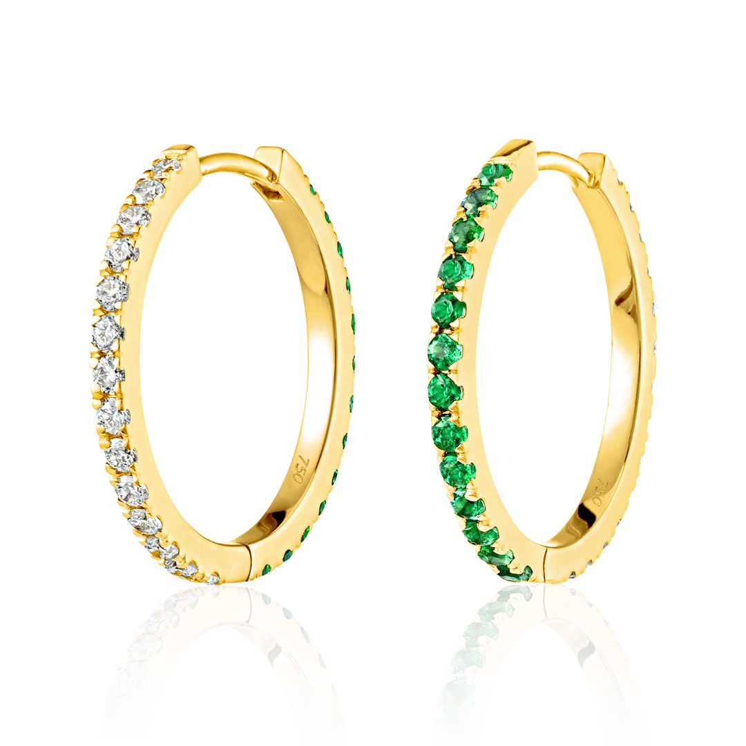Medium Lab-Grown Diamond & Emerald Hoop Earrings Yellow Gold