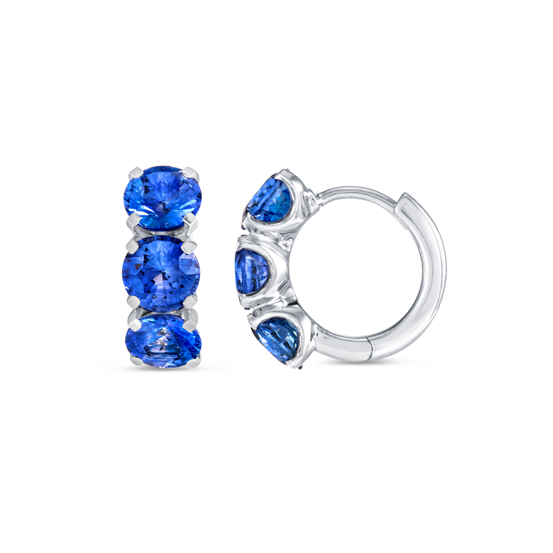 Large Blue Sapphire Huggie Earrings White Gold