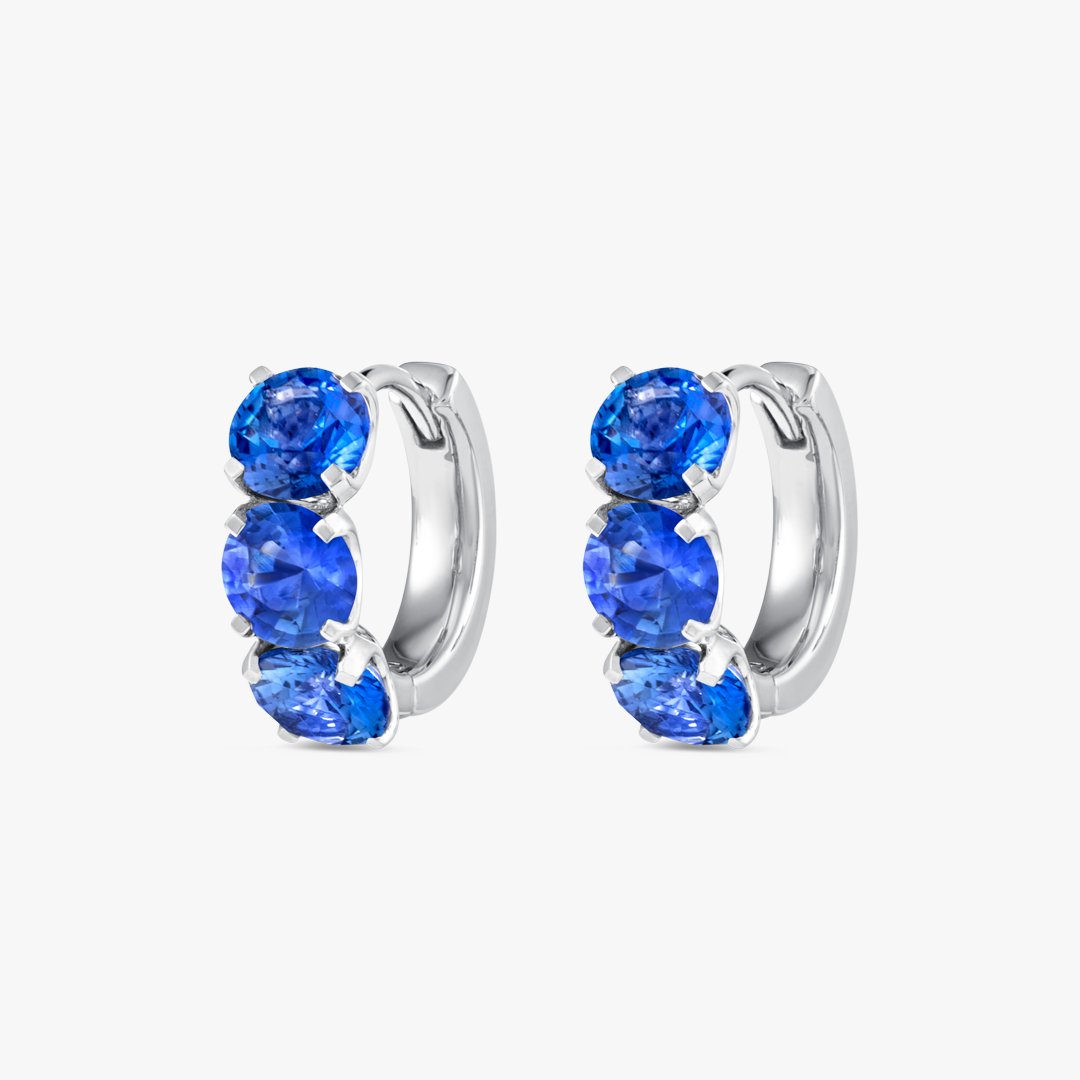 Large Blue Sapphire Huggie Earrings White Gold