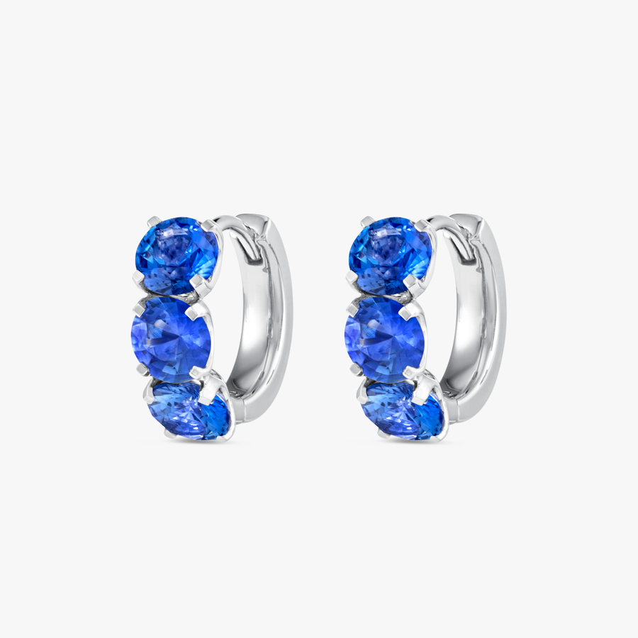 Large Blue Sapphire Huggie Earrings White Gold