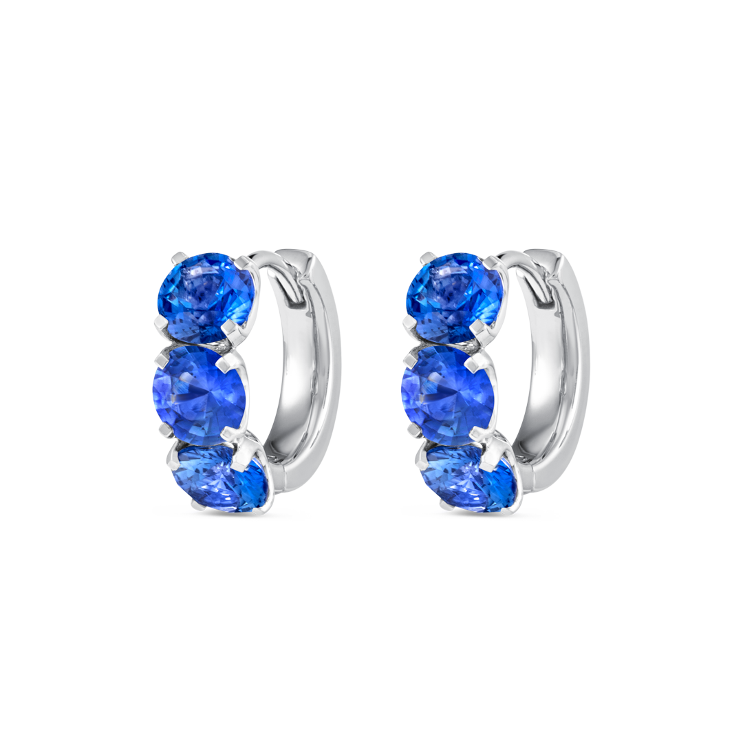 Large Blue Sapphire Huggie Earrings White Gold
