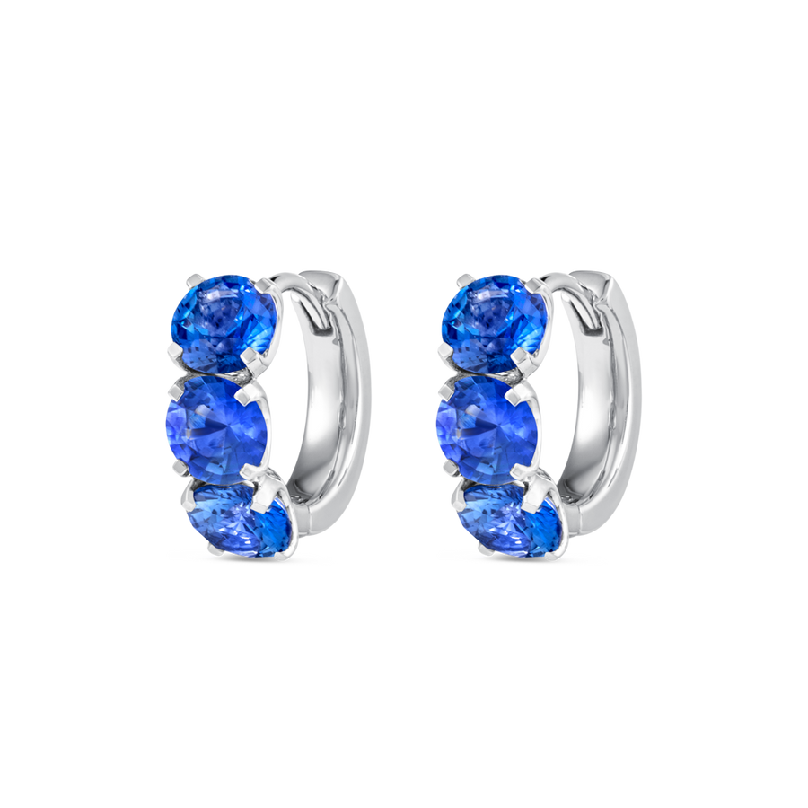 Large Blue Sapphire Huggie Earrings White Gold
