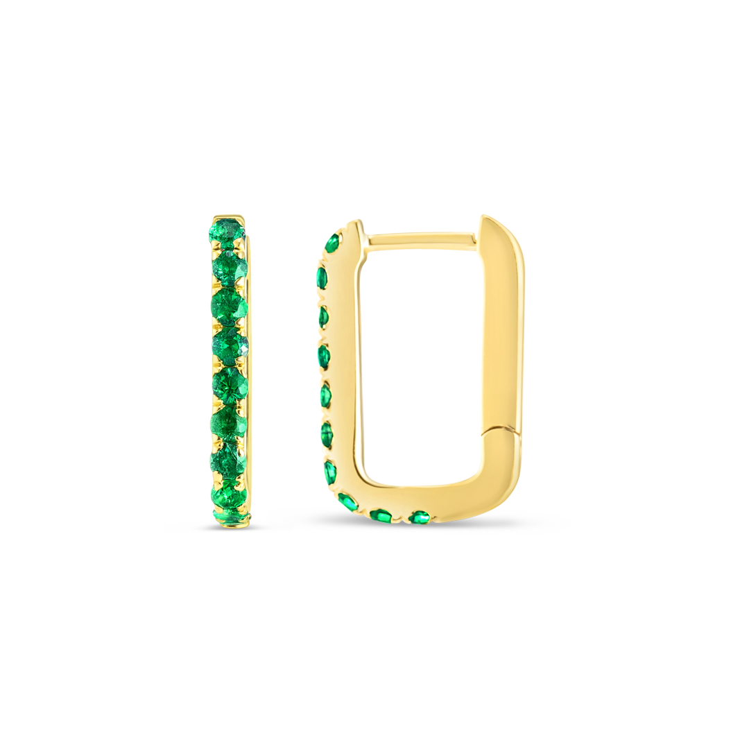 Emerald Paperclip Style Hoop Earrings Yellow Gold
