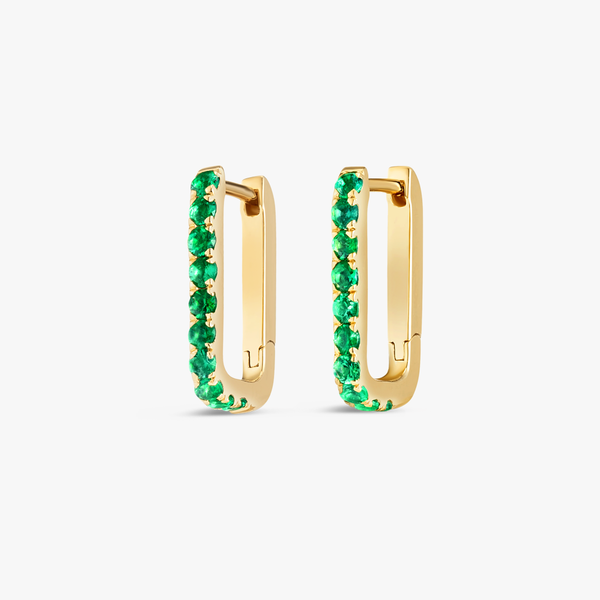 Emerald Paperclip Style Hoop Earrings Yellow Gold