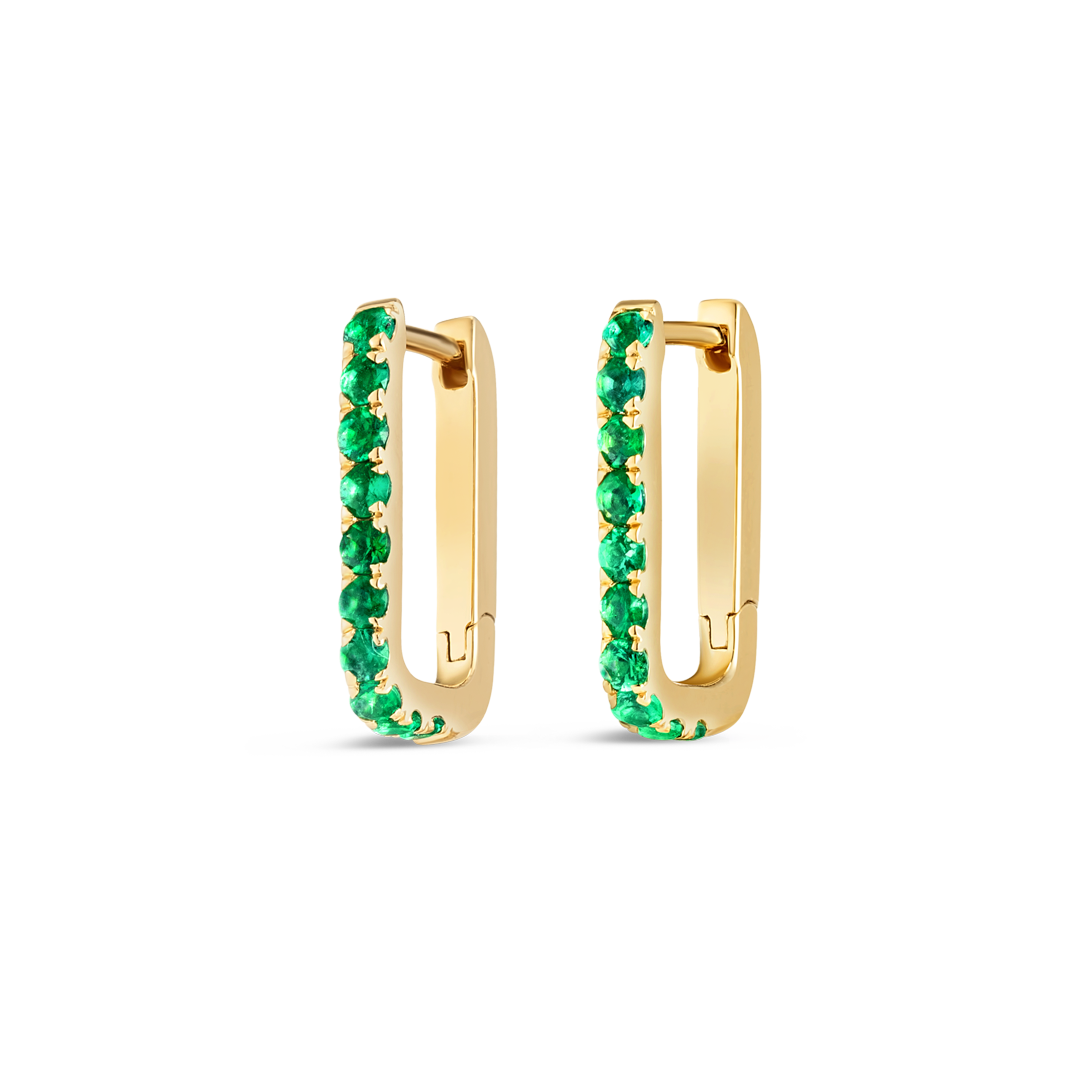 Emerald Paperclip Style Hoop Earrings Yellow Gold