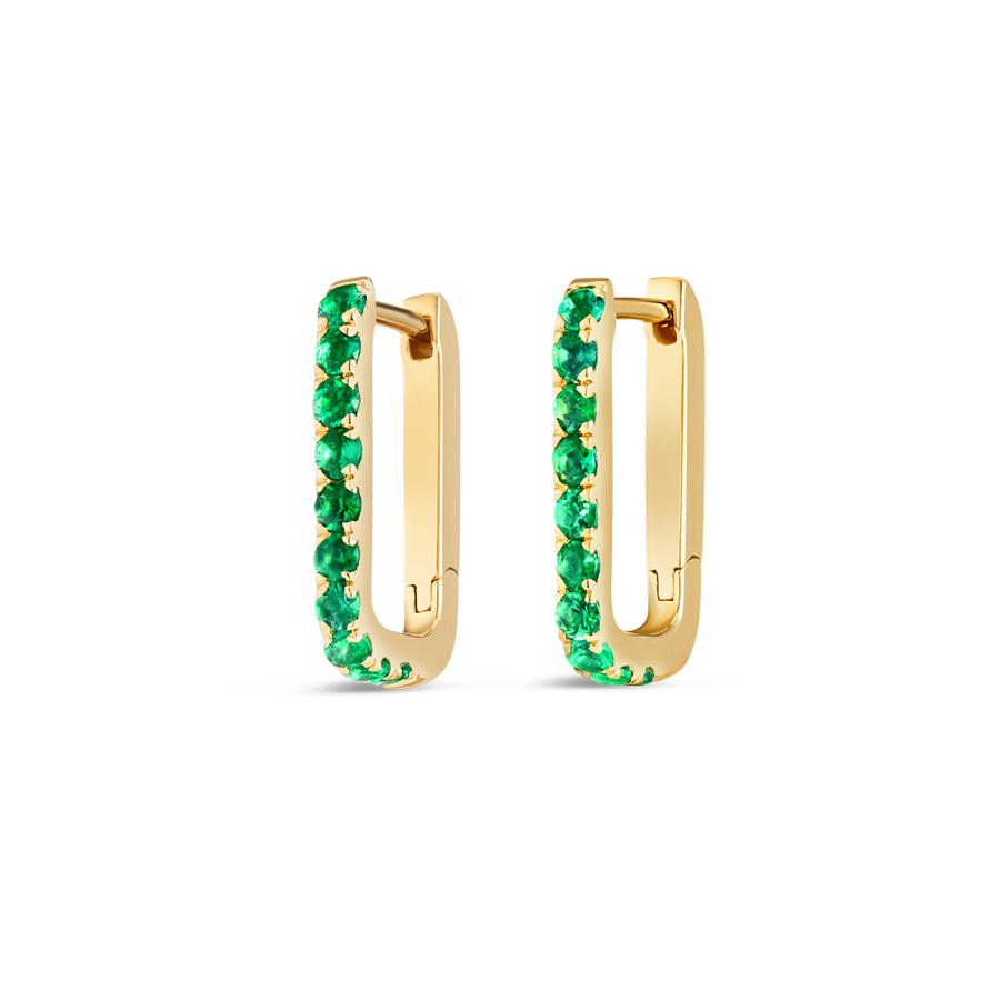 Emerald Paperclip Style Hoop Earrings Yellow Gold
