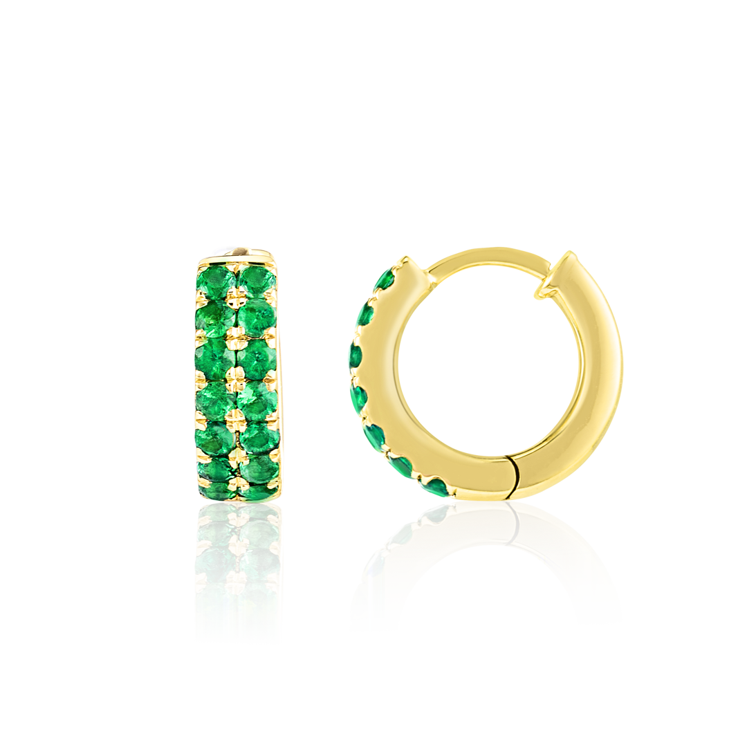 Colombian Emerald Double Huggie Hoop Earrings Yellow Gold