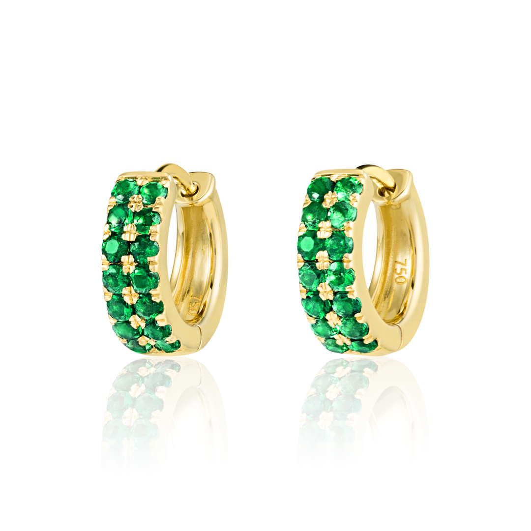 Colombian Emerald Double Huggie Hoop Earrings Yellow Gold