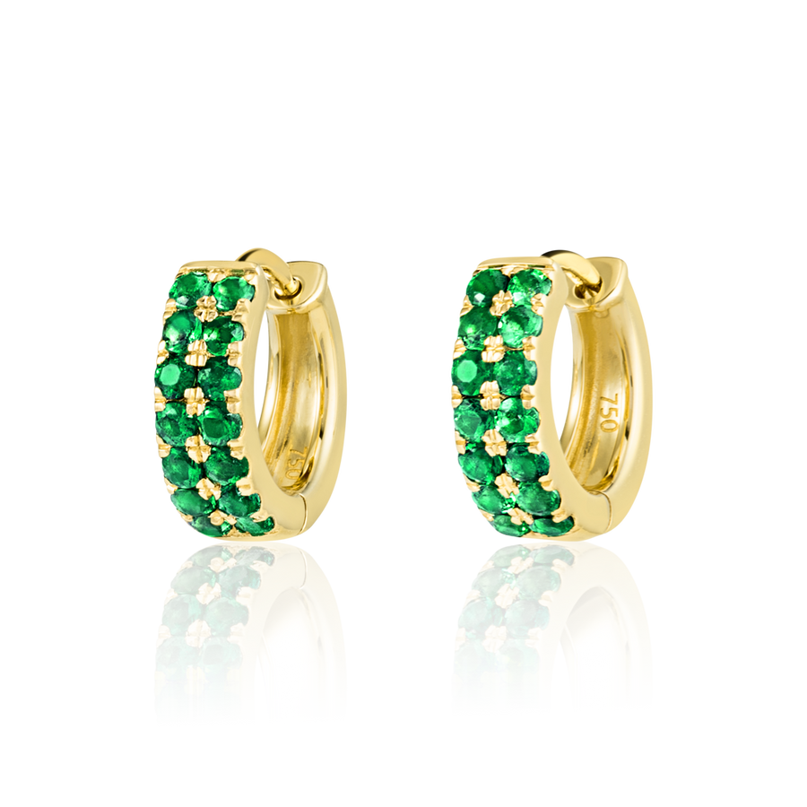 Colombian Emerald Double Huggie Hoop Earrings Yellow Gold