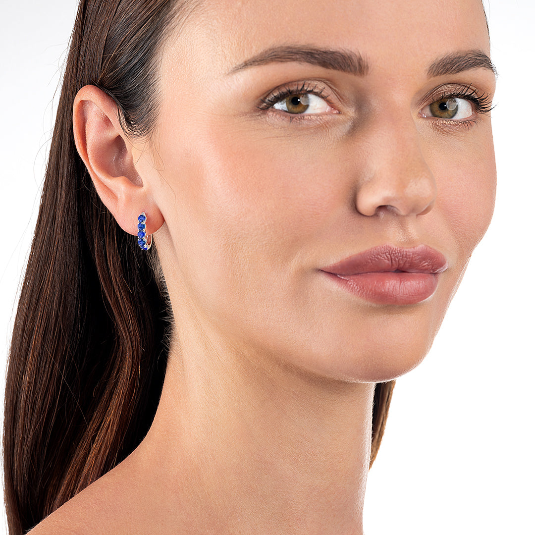 Large Blue Sapphire Paperclip Style Hoop Earrings White Gold