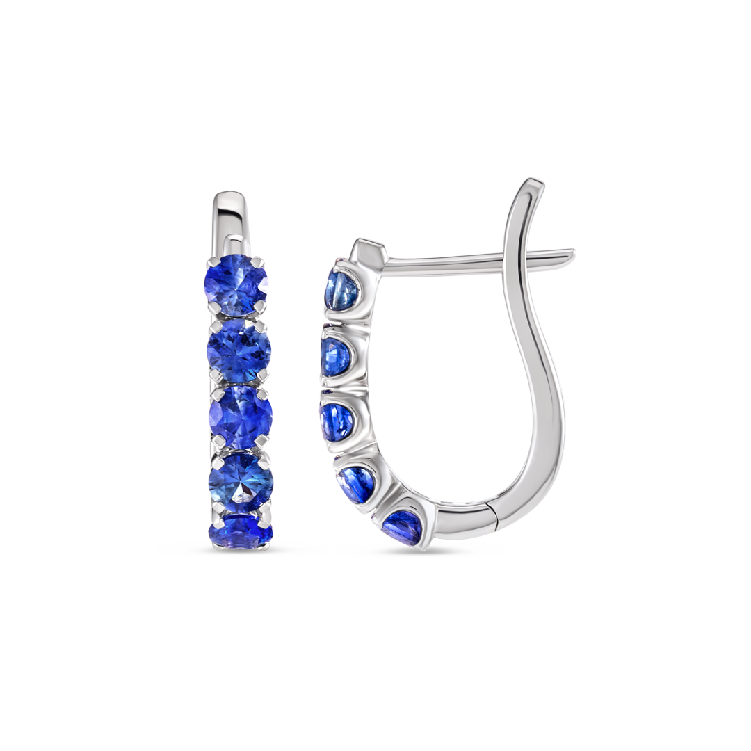 Large Blue Sapphire Paperclip Style Hoop Earrings White Gold