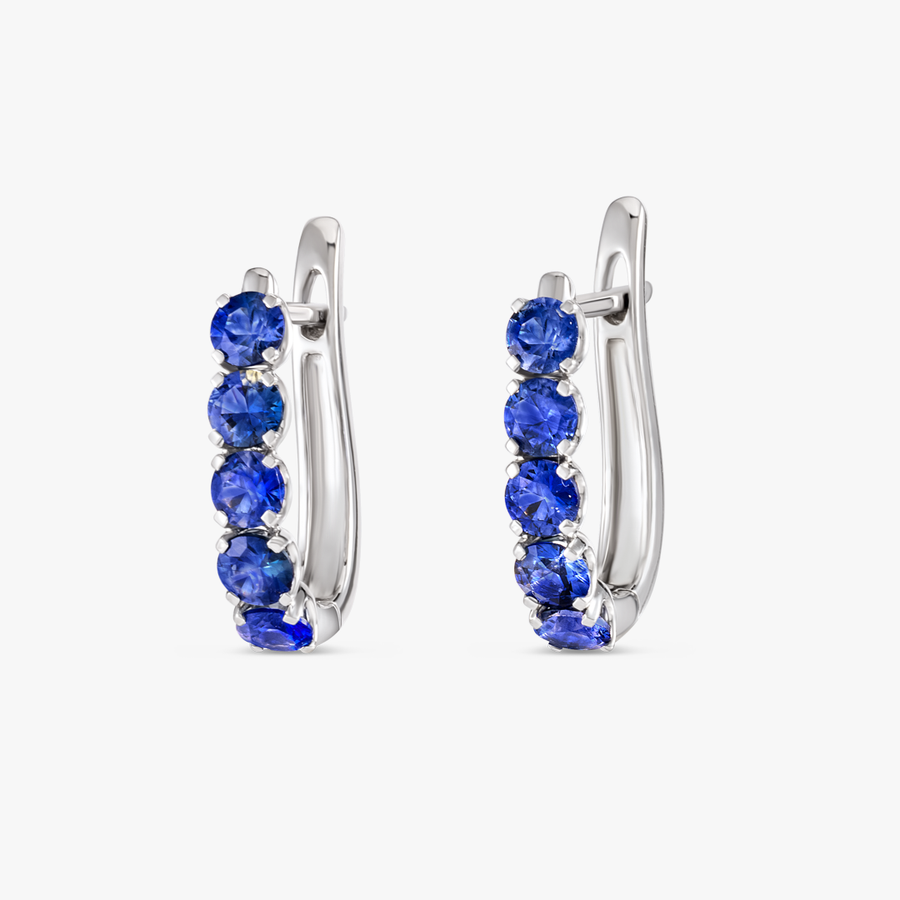 Large Blue Sapphire Paperclip Style Hoop Earrings White Gold