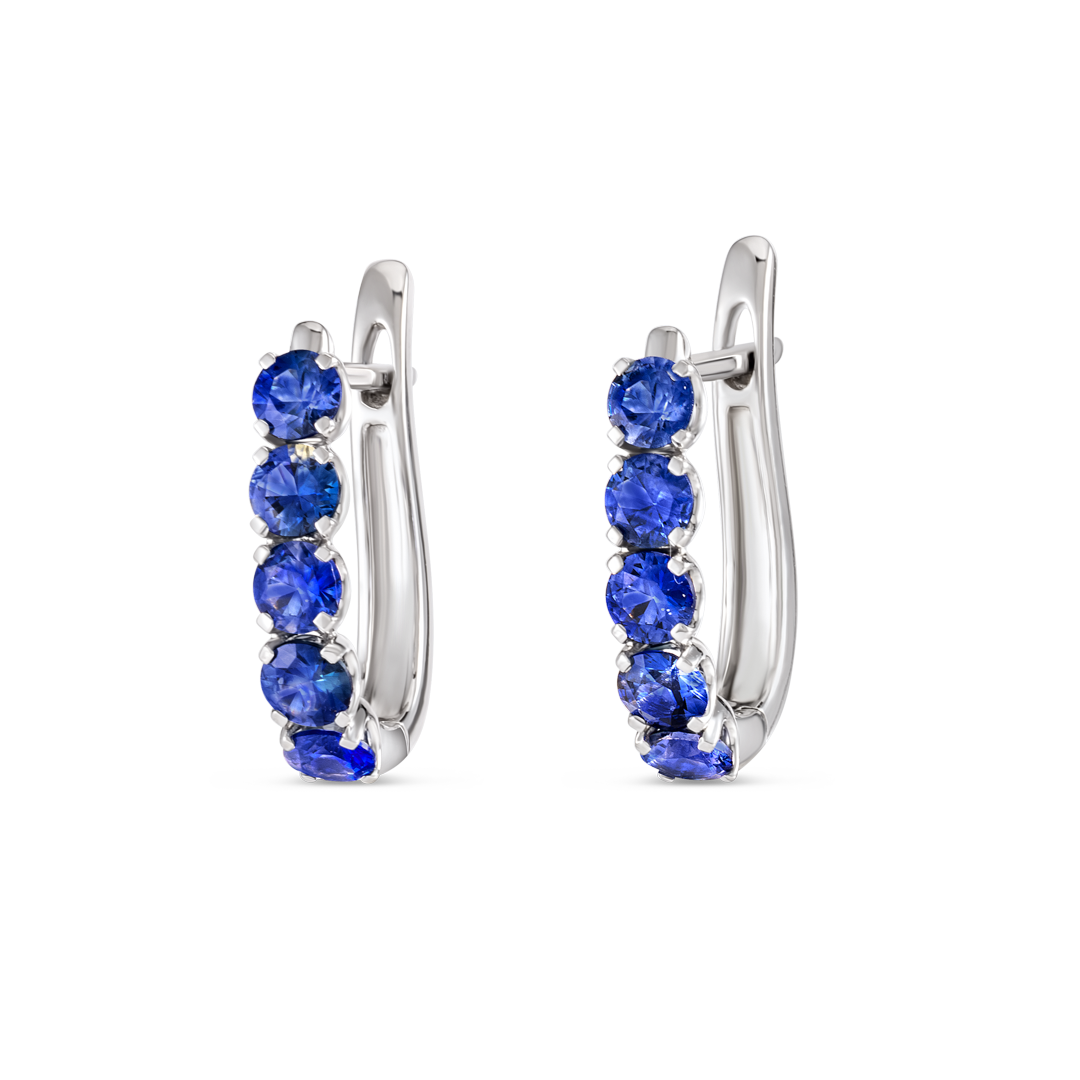 Large Blue Sapphire Paperclip Style Hoop Earrings White Gold