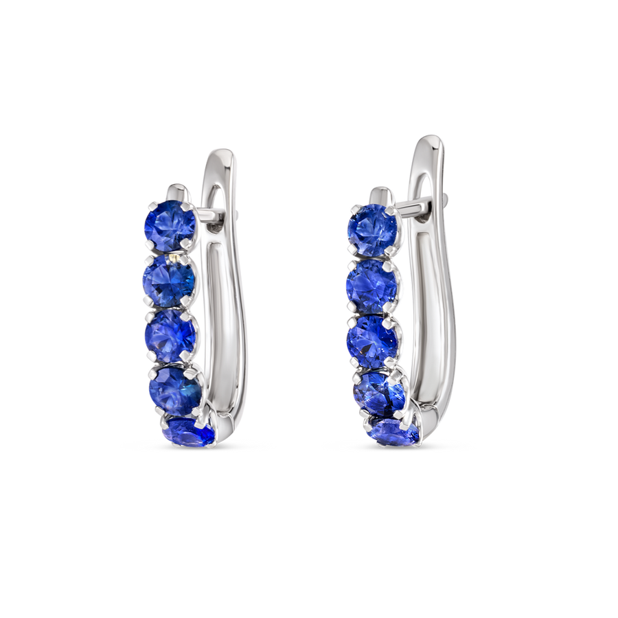 Large Blue Sapphire Paperclip Style Hoop Earrings White Gold