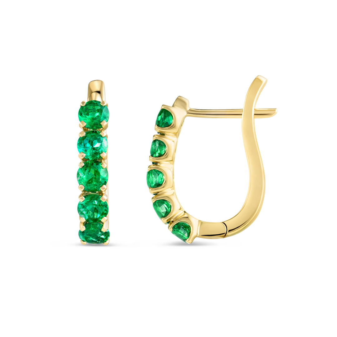Large Emerald Paperclip Style Hoop Earrings Yellow Gold