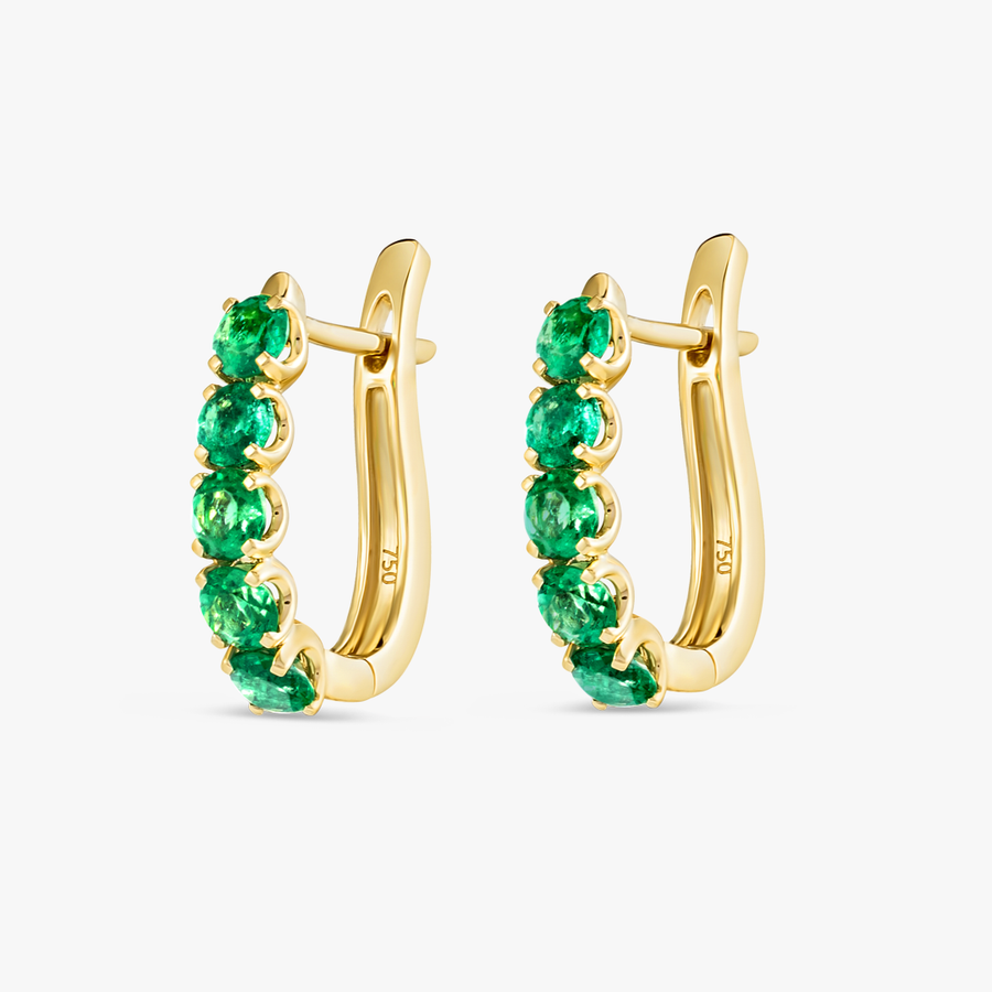 Large Emerald Paperclip Style Hoop Earrings Yellow Gold