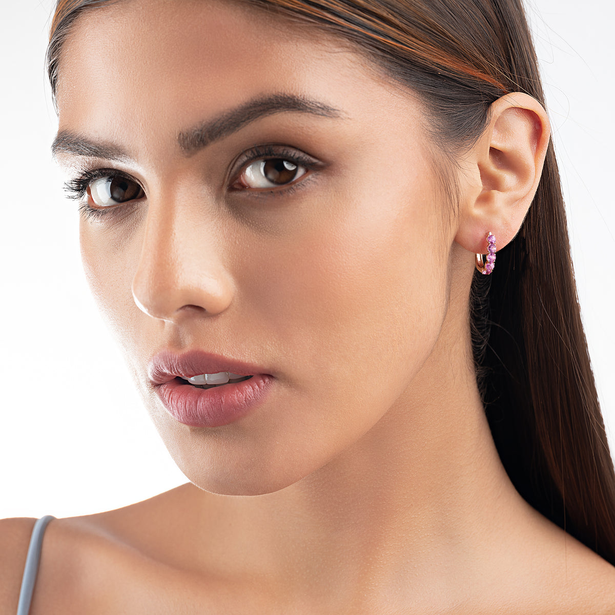 Large Pink Sapphire Paperclip Style Hoop Earrings Rose Gold