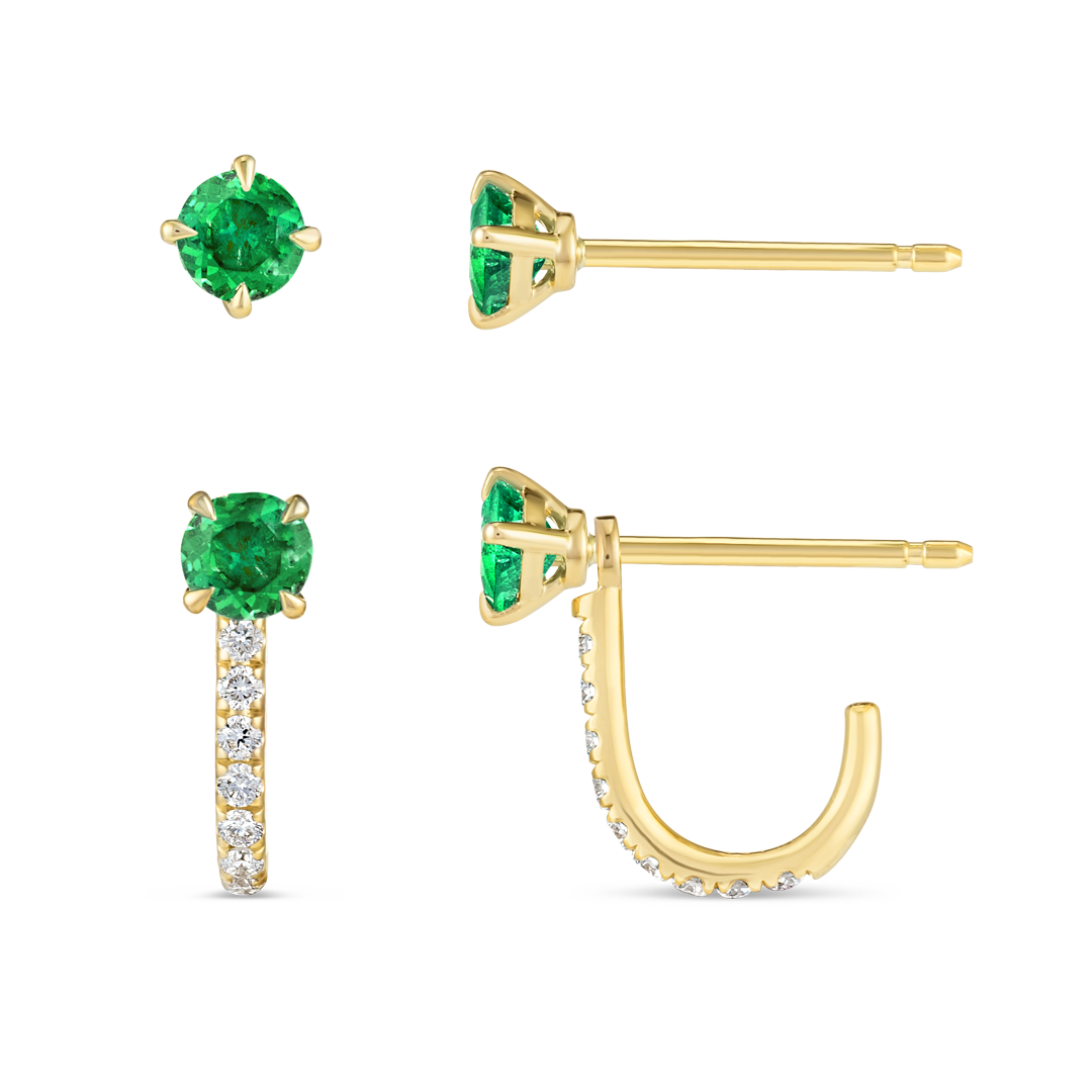 Colombian Emerald Huggie With Detachable Stud Earrings Yellow Gold