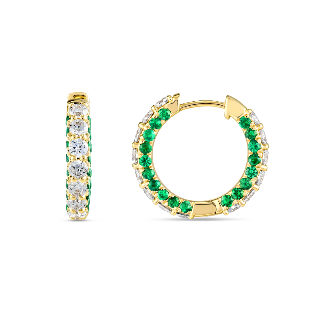 Triple Sided Emerald And Lab-Grown Diamond Hoop Earrings Yellow Gold
