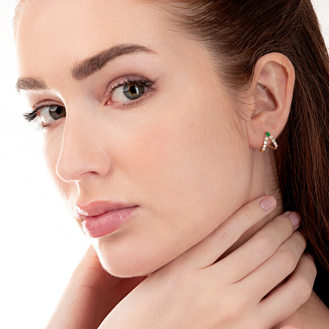 V-Shaped Emerald And Lab-Grown Diamond Curl Earrings Yellow Gold