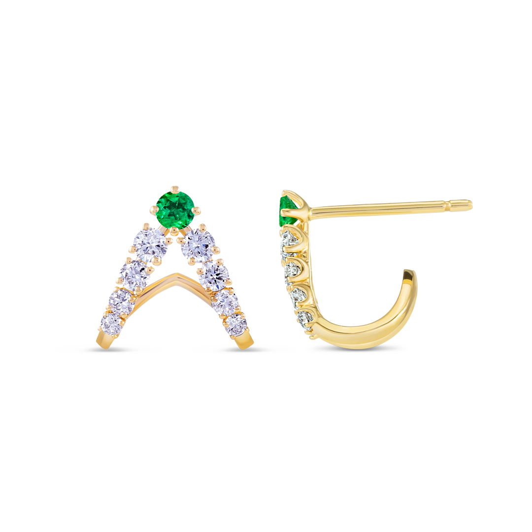 V-Shaped Emerald And Lab-Grown Diamond Curl Earrings Yellow Gold