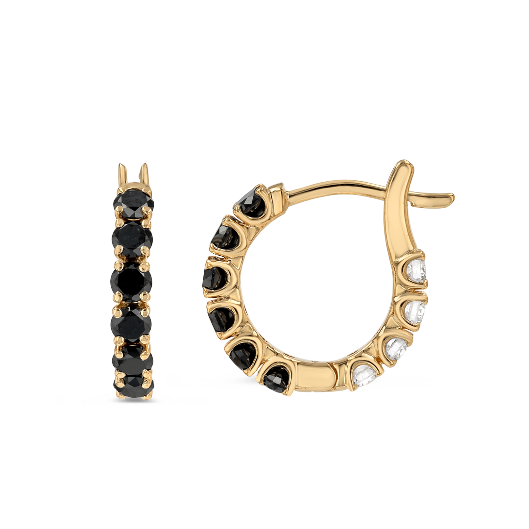 Mini Black Lab-Grown Diamond Hoop Earrings Yellow Gold