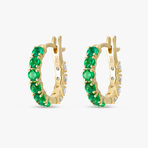 Mini Lab-Grown Diamond & Emerald Hoop Earrings Yellow Gold