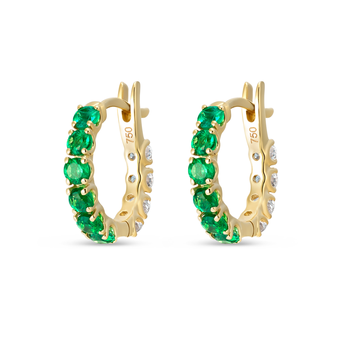 Mini Lab-Grown Diamond & Emerald Hoop Earrings Yellow Gold