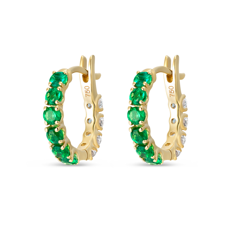 Mini Lab-Grown Diamond & Emerald Hoop Earrings Yellow Gold