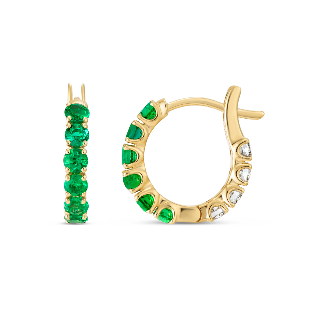 Mini Lab-Grown Diamond & Emerald Hoop Earrings Yellow Gold