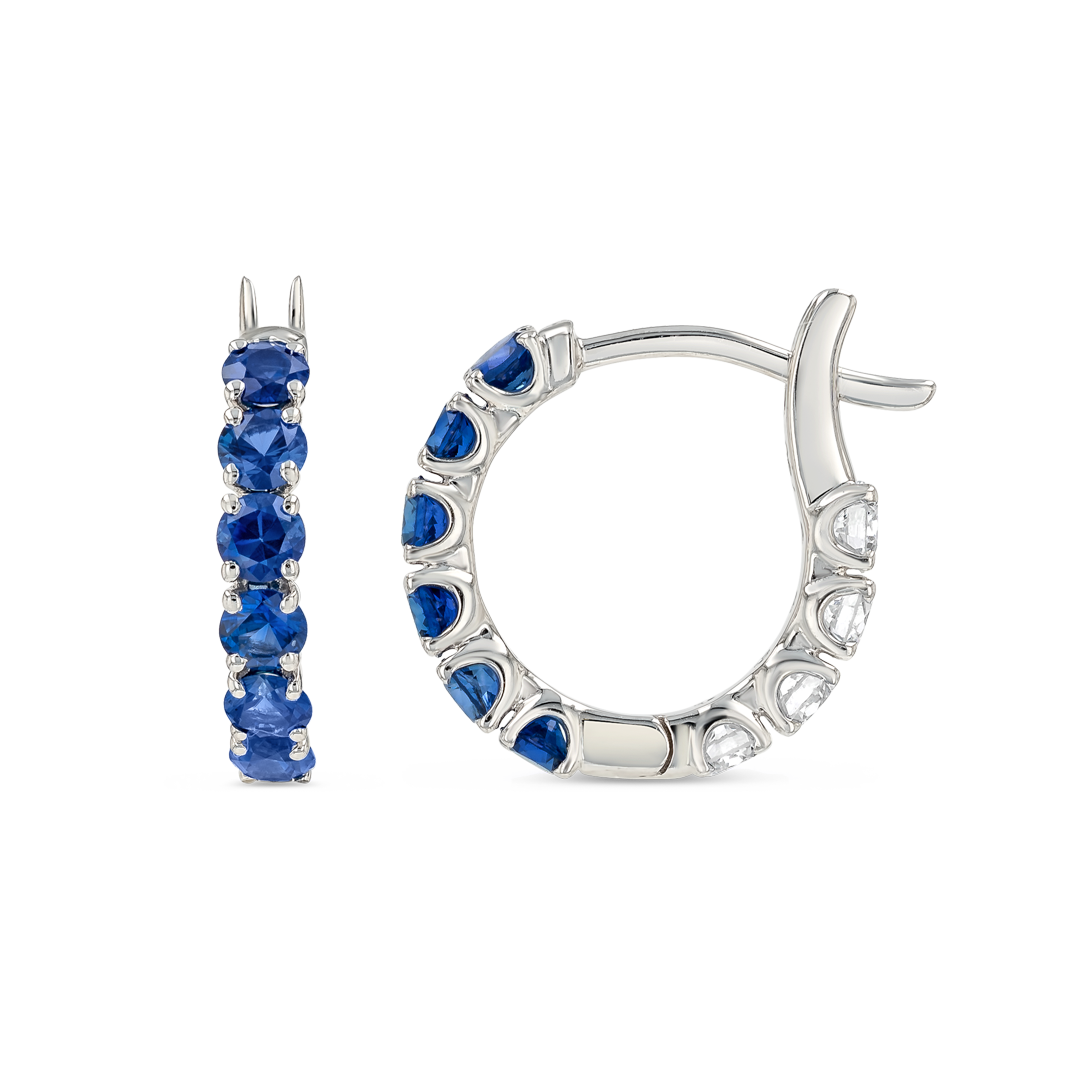 Mini Blue Sapphire Hoop Earrings White Gold