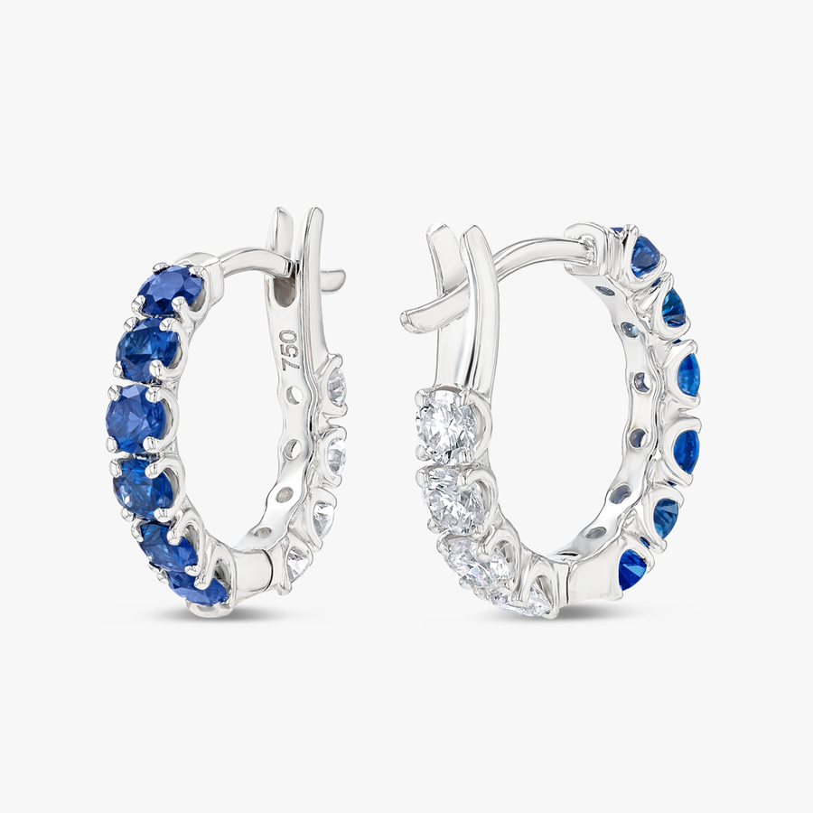Mini Blue Sapphire Hoop Earrings White Gold