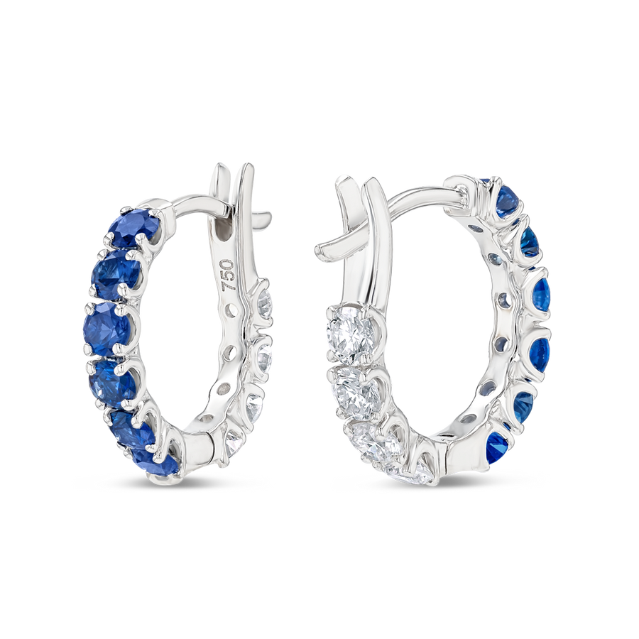 Mini Blue Sapphire Hoop Earrings White Gold