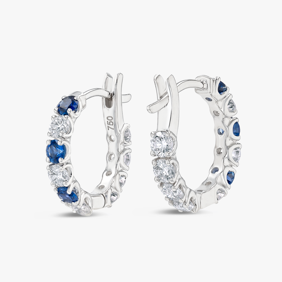Mini Lab-Grown Diamond & Blue Sapphire Hoop Earrings White Gold