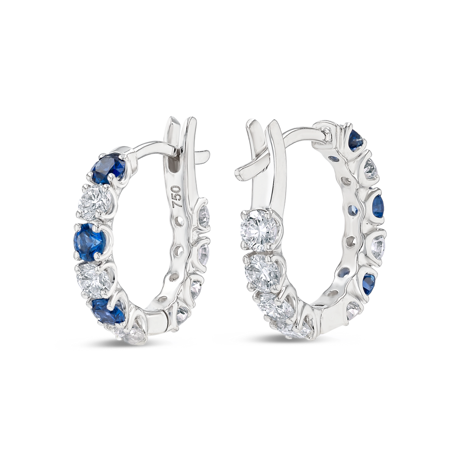 Mini Lab-Grown Diamond & Blue Sapphire Hoop Earrings White Gold