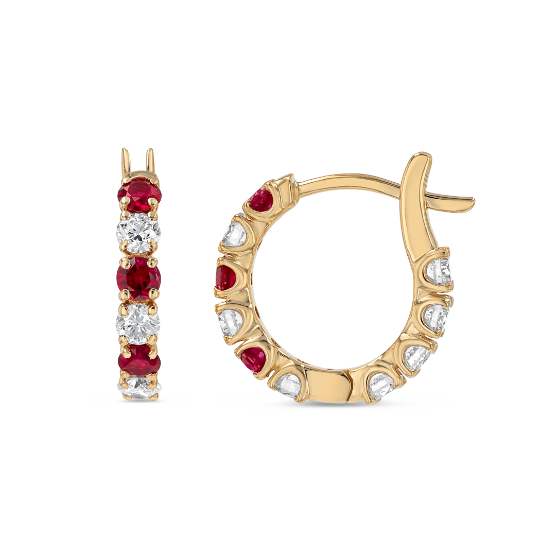 Mini Lab-Grown Diamond & Ruby Hoop Earrings Yellow Gold