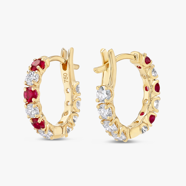 Mini Lab-Grown Diamond & Ruby Hoop Earrings Yellow Gold