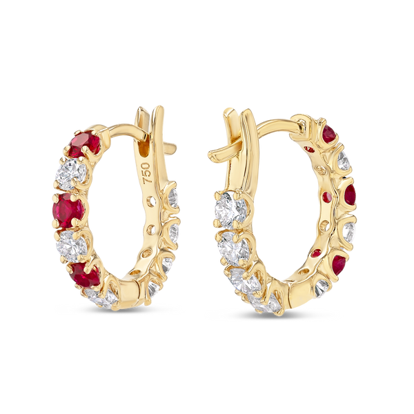 Mini Lab-Grown Diamond & Ruby Hoop Earrings Yellow Gold