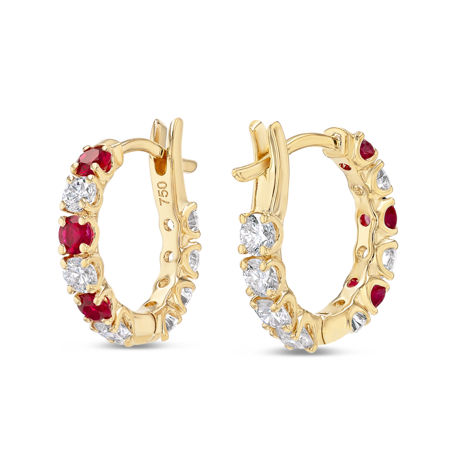 Mini Lab-Grown Diamond & Ruby Hoop Earrings Yellow Gold