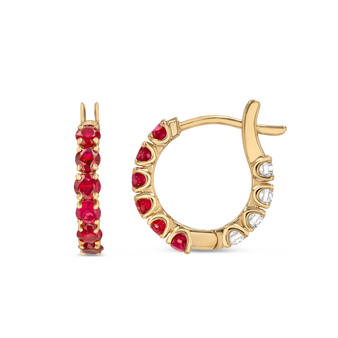 Mini Ruby Hoop Earrings Yellow Gold