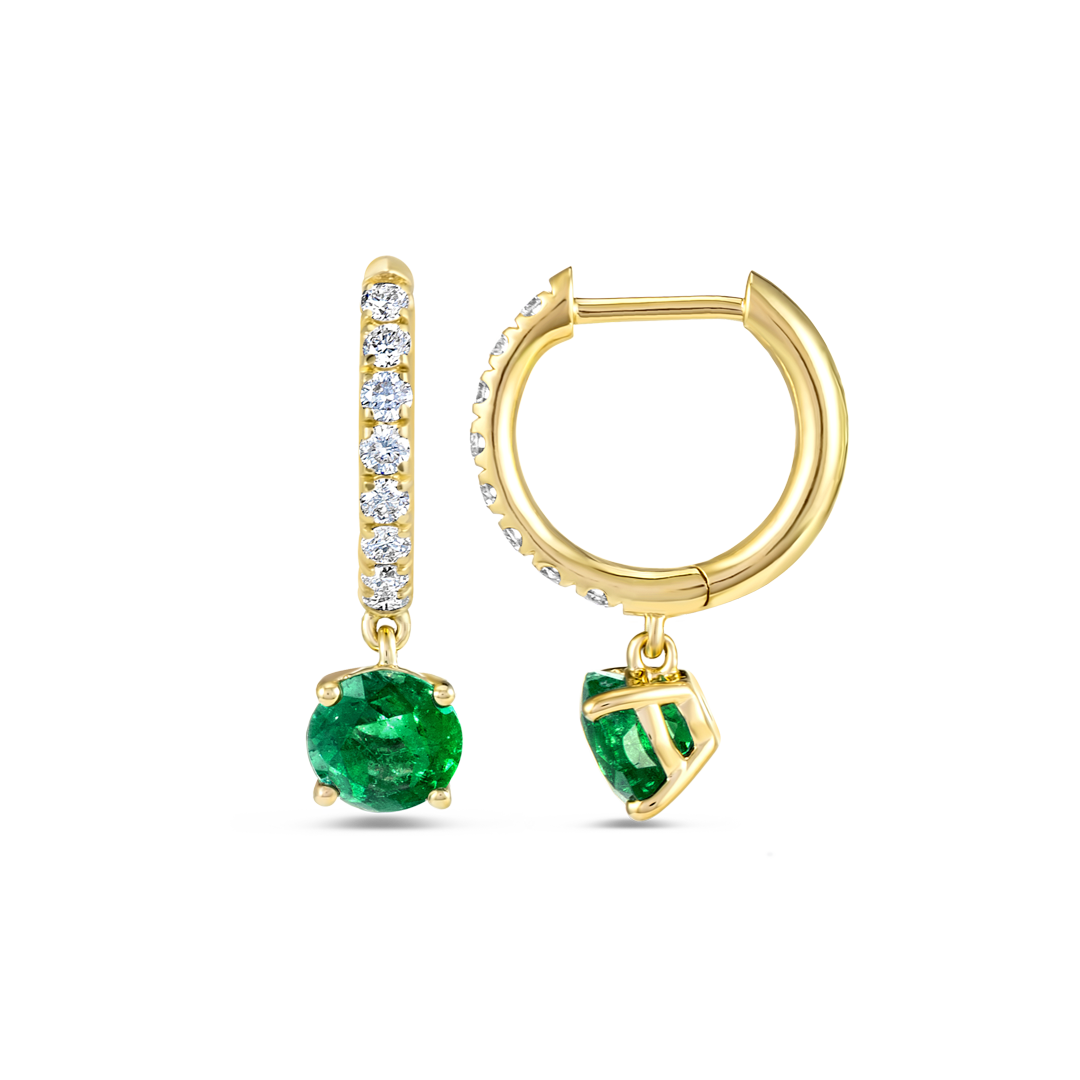 1.2ct Round Colombian Emerald & Lab-Grown Diamond Hoop Earrings Yellow Gold