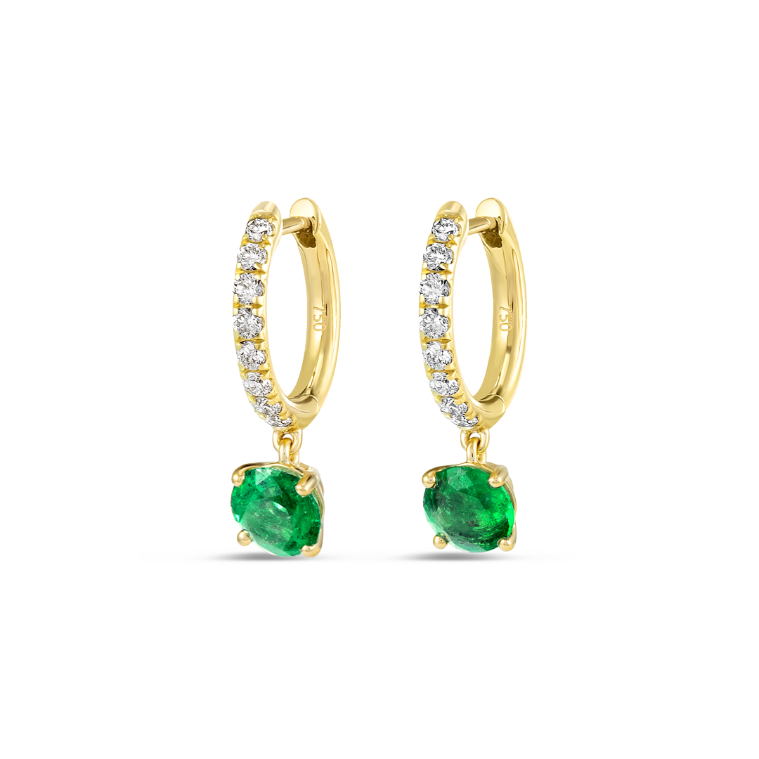 1.2ct Round Colombian Emerald & Lab-Grown Diamond Hoop Earrings Yellow Gold