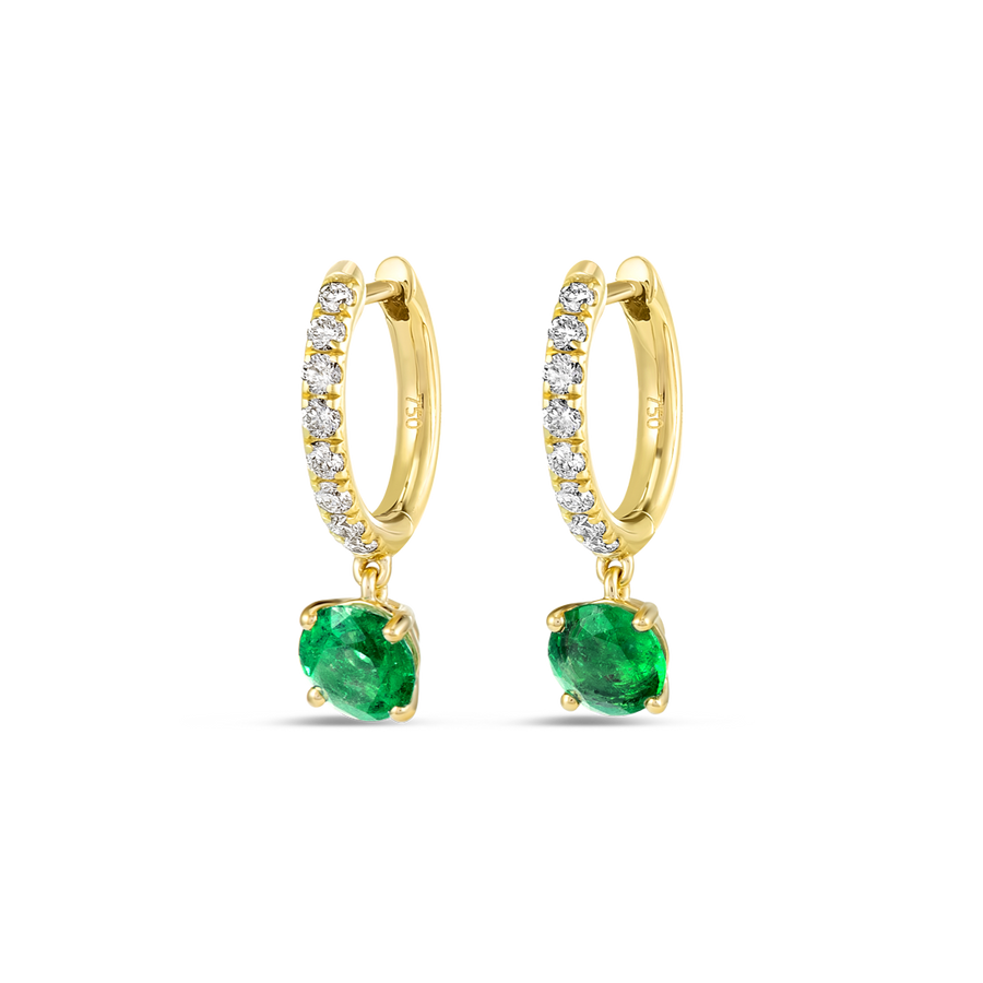 1.2ct Round Colombian Emerald & Lab-Grown Diamond Hoop Earrings Yellow Gold