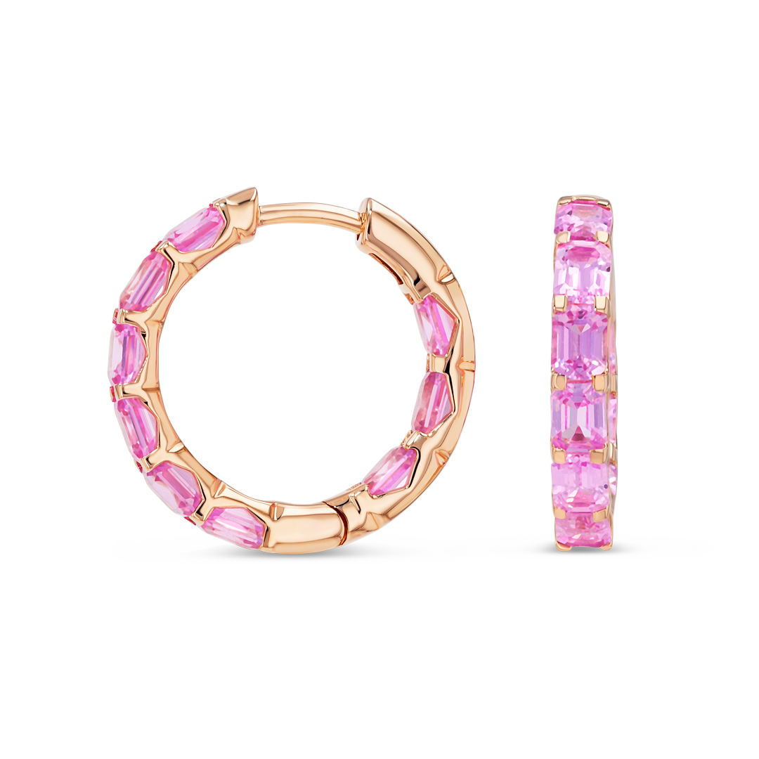 Emerald Cut Ceylon Pink Sapphire Hoop Earrings Yellow Gold