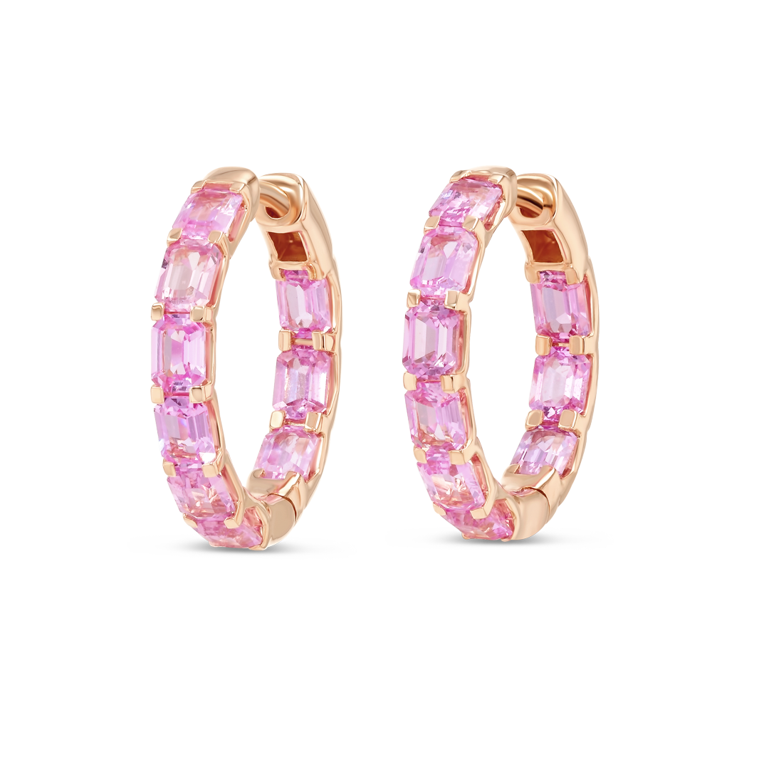 Emerald Cut Ceylon Pink Sapphire Hoop Earrings Yellow Gold